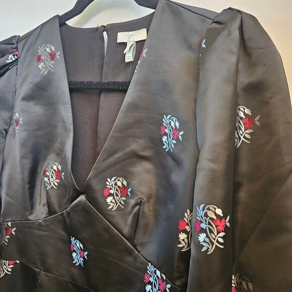 Joie Minia Black Satin Brocade Ruffle Mini Dress Size 2 Dark Floral Whimsigoth - Picture 4 of 11